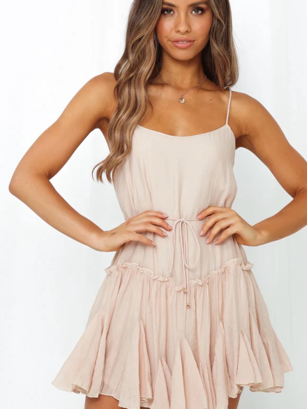 Hello Molly Blush Cream Spaghetti-Strap Ruffle Mini Dress